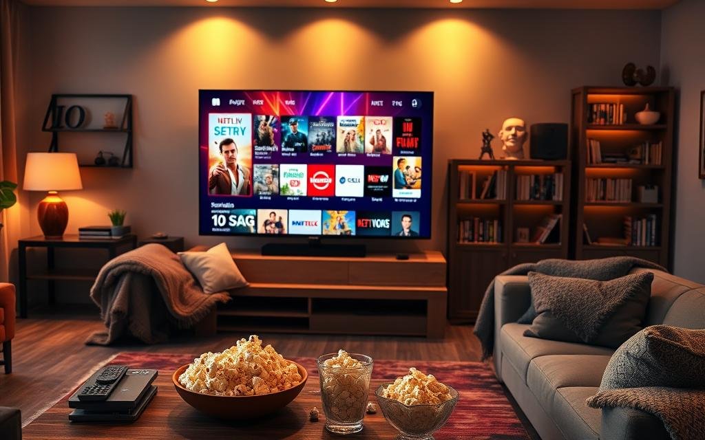 A cozy living room with a large, modern flat-screen TV displaying a vibrant interface showcasing various channels, movies, and series. In the foreground, an inviting coffee table is adorned with popcorn and snacks, suggesting a relaxing movie night atmosphere. The middle layer features a stylish sofa with a remote control resting on the cushions, and soft throw blankets draped across the arms. In the background, ambient lighting creates a warm glow, with decorative bookshelves filled with DVDs and collectibles. Warm colors dominate the scene, promoting a friendly and welcoming mood, while the overall focus on high-quality visual content in an engaging home environment emphasizes the theme of entertainment through IPTV services. A cozy living room with a large, modern flat-screen TV displaying a vibrant interface showcasing various channels, movies, and series. In the foreground, an inviting coffee table is adorned with popcorn and snacks, suggesting a relaxing movie night atmosphere. The middle layer features a stylish sofa with a remote control resting on the cushions, and soft throw blankets draped across the arms. In the background, ambient lighting creates a warm glow, with decorative bookshelves filled with DVDs and collectibles. Warm colors dominate the scene, promoting a friendly and welcoming mood, while the overall focus on high-quality visual content in an engaging home environment emphasizes the theme of entertainment through IPTV services.