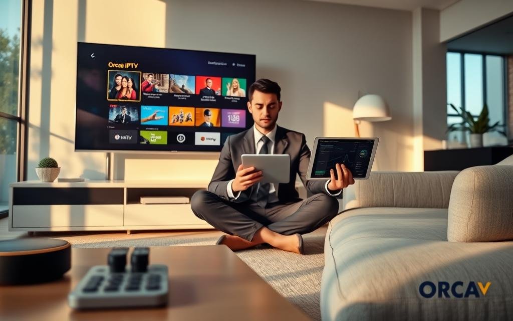 A detailed close-up of a sleek, modern living room setup featuring a large TV displaying the Orca IPTV interface, showcasing vibrant channels with a focus on vibrant colors. The foreground includes a stylish coffee table with remote controls and a tech gadget for diagnostics. In the middle ground, a person in professional business attire sits cross-legged on the couch, intently analyzing a tablet showing IPTV diagnostics. Soft, natural light filters through large windows, casting gentle shadows, creating a warm and inviting atmosphere. The background displays minimalist furniture and decor, enhancing the high-tech environment. Overall, the image conveys a sense of urgency and professionalism, emphasizing problem-solving in the context of IPTV service restoration.