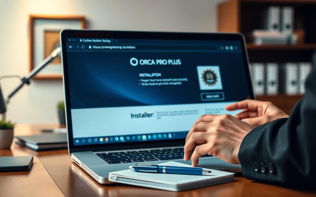 A detailed, high-resolution image showcasing the installation process of Orca Pro Plus on a sleek, modern computer workstation. In the foreground, a close-up of a professional-looking laptop screen displaying the Orca Pro Plus installer interface, with progress bars and installation buttons. In the middle, a pair of hands, clad in business attire, skillfully navigating the installation steps, with a notepad and pen nearby for taking notes. The background features an organized office setting, with soft, diffused lighting casting a warm glow on the desk, enhancing a productive atmosphere. A framed certificate of accomplishments hangs on the wall, subtly indicating professionalism and expertise. The composition conveys a sense of focus and determination, inviting viewers into the process of setting up the software.