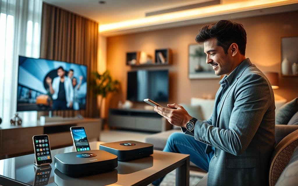 A high-tech, modern living room featuring a sleek, flat-screen TV displaying various devices compatible with IPTV services, including smartphones, tablets, and a streaming box on a stylish coffee table. In the foreground, a professional-looking person in smart casual attire interacts with a tablet, showing an expression of satisfaction. In the middle, organized devices are showcased with glowing indicators as if they are connected and operating seamlessly. The background features a cozy, well-lit ambiance with soft lighting to create a warm atmosphere, accentuated by contemporary decor. The angle is slightly above eye level, focusing on the interaction with the devices while still capturing the details of the room.