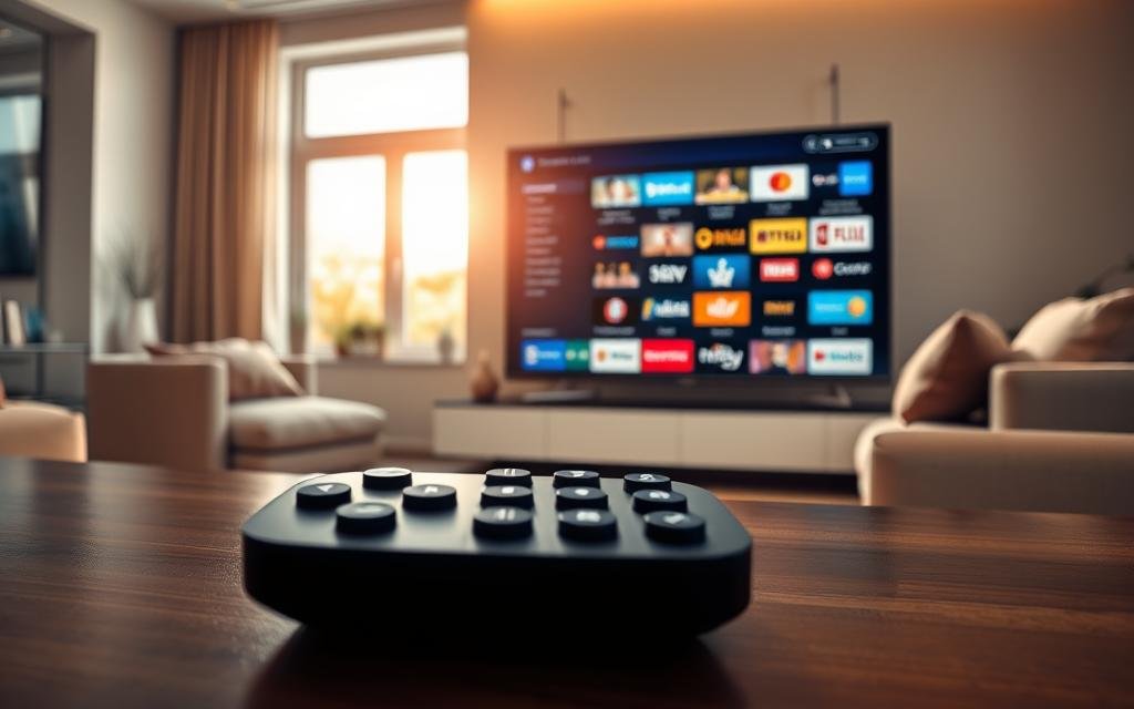 A modern living room featuring a large Smart TV displaying an impressive array of international streaming channels, symbolizing "chaînes internationales." In the foreground, a sleek coffee table holds a remote with buttons clearly visible, adding to the sense of user interactivity. The middle ground showcases the Smart TV set against a stylish wall unit with decorative elements enhancing the ambiance. In the background, a cozy sofa with soft cushions invites relaxation. Warm, natural lighting pours in from a large window, creating an inviting atmosphere. The angle is slightly elevated, providing a dynamic view that captures both the TV and the warm interior setting. The overall mood is contemporary and engaging, reflecting both functionality and relaxation in media consumption. A modern living room featuring a large Smart TV displaying an impressive array of international streaming channels, symbolizing "chaînes internationales." In the foreground, a sleek coffee table holds a remote with buttons clearly visible, adding to the sense of user interactivity. The middle ground showcases the Smart TV set against a stylish wall unit with decorative elements enhancing the ambiance. In the background, a cozy sofa with soft cushions invites relaxation. Warm, natural lighting pours in from a large window, creating an inviting atmosphere. The angle is slightly elevated, providing a dynamic view that captures both the TV and the warm interior setting. The overall mood is contemporary and engaging, reflecting both functionality and relaxation in media consumption.