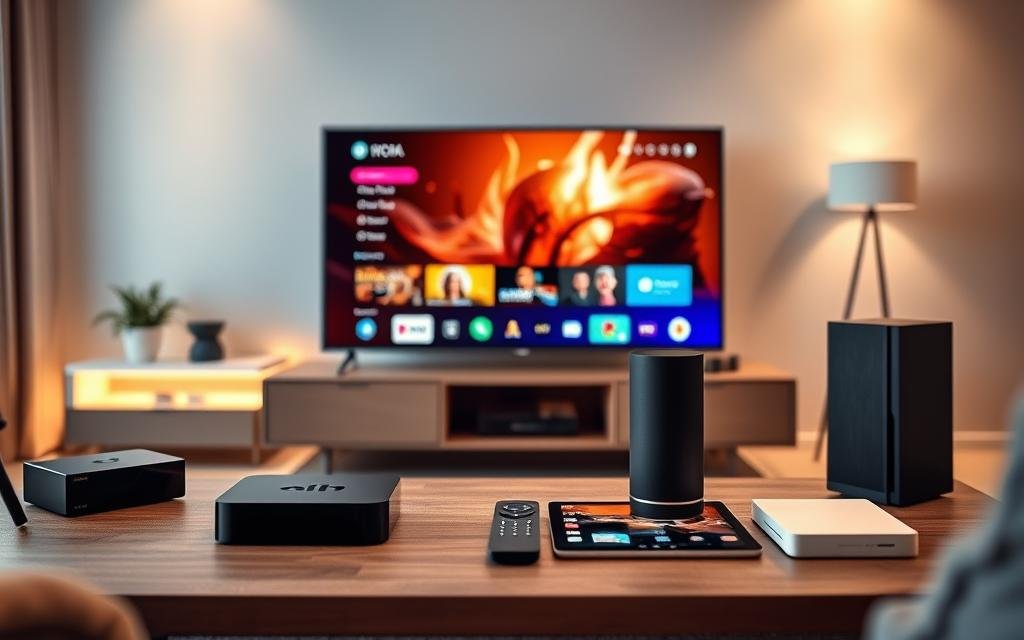 A modern living room setting showcasing various compatible devices for Orca IPTV. In the foreground, a sleek television displaying vibrant streaming content with a user-friendly interface. Surrounding it are different devices like a streaming box, gaming console, and smart speaker, all designed with a contemporary aesthetic. In the middle ground, a stylish coffee table holds a remote control and a tablet, hinting at the interactive experience. The background features soft ambient lighting, creating a cozy atmosphere, with light reflecting off a minimalist decor. The scene is shot from a slightly elevated angle, emphasizing the devices while maintaining a warm and inviting feel, perfect for a tech-savvy audience. A modern living room setting showcasing various compatible devices for Orca IPTV. In the foreground, a sleek television displaying vibrant streaming content with a user-friendly interface. Surrounding it are different devices like a streaming box, gaming console, and smart speaker, all designed with a contemporary aesthetic. In the middle ground, a stylish coffee table holds a remote control and a tablet, hinting at the interactive experience. The background features soft ambient lighting, creating a cozy atmosphere, with light reflecting off a minimalist decor. The scene is shot from a slightly elevated angle, emphasizing the devices while maintaining a warm and inviting feel, perfect for a tech-savvy audience.
