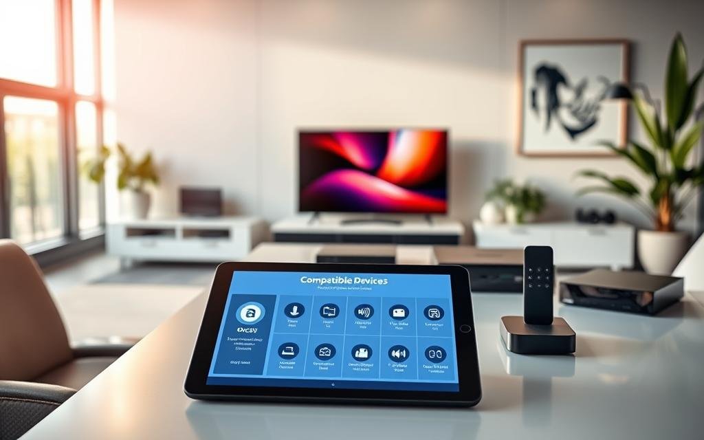 A modern workspace showcasing a range of compatible devices for Orca IPTV, such as smart TVs, streaming boxes, and mobile devices, highlighted on a sleek table. In the foreground, a digital tablet displays detailed compatibility information with a vibrant interface, suggesting a user-friendly experience. The middle ground features elegant devices positioned neatly, with soft, warm lighting illuminating their polished surfaces, creating an inviting atmosphere. The background shows a stylish ambiance with an abstract art piece and indoor plants enhancing the contemporary feel. A subtle glow from a nearby window suggests a sunny day, inviting viewers to imagine seamless streaming experiences. The overall mood is professional, encouraging a sense of trust and reliability in choosing the right technology. Orca Pro Plus