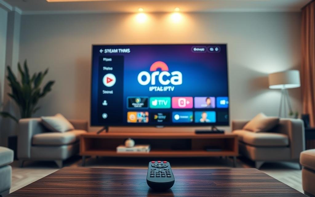 A sleek and modern Orca IPTV interface displayed on a high-resolution flat-screen TV in a cozy living room setting. In the foreground, a remote control rests on a stylish coffee table adorned with a few decorative items. The middle of the scene features the large screen showcasing the vibrant Orca IPTV logo, with various streaming options visible, presenting a user-friendly layout. The background has soft, ambient lighting that creates a warm and inviting atmosphere, enhanced by a couple of plush sofas and light-colored walls. The image is captured from a slightly elevated angle, providing a comprehensive view of the setup. Overall, the mood conveys comfort and ease of use, ideal for beginners looking to explore IPTV options. A sleek and modern Orca IPTV interface displayed on a high-resolution flat-screen TV in a cozy living room setting. In the foreground, a remote control rests on a stylish coffee table adorned with a few decorative items. The middle of the scene features the large screen showcasing the vibrant Orca IPTV logo, with various streaming options visible, presenting a user-friendly layout. The background has soft, ambient lighting that creates a warm and inviting atmosphere, enhanced by a couple of plush sofas and light-colored walls. The image is captured from a slightly elevated angle, providing a comprehensive view of the setup. Overall, the mood conveys comfort and ease of use, ideal for beginners looking to explore IPTV options.