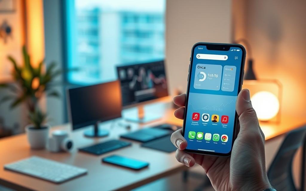 A sleek and modern illustration of the Orca Pro Plus app interface displayed on a high-resolution smartphone, situated prominently in the foreground. The phone should be held in a professional's hand, showcasing the app's vibrant and intuitive design. In the middle ground, a stylish desk adorned with various tech gadgets and a subtle ambient light source creates a warm, inviting workspace. The background features a softly blurred office setting, with minimalistic design elements like a potted plant and a window allowing natural light to filter in, enhancing the atmosphere of productivity and technological sophistication. The overall mood is one of efficiency and modernity, emphasizing the theme of advanced technology in a professional context. A sleek and modern illustration of the Orca Pro Plus app interface displayed on a high-resolution smartphone, situated prominently in the foreground. The phone should be held in a professional's hand, showcasing the app's vibrant and intuitive design. In the middle ground, a stylish desk adorned with various tech gadgets and a subtle ambient light source creates a warm, inviting workspace. The background features a softly blurred office setting, with minimalistic design elements like a potted plant and a window allowing natural light to filter in, enhancing the atmosphere of productivity and technological sophistication. The overall mood is one of efficiency and modernity, emphasizing the theme of advanced technology in a professional context.