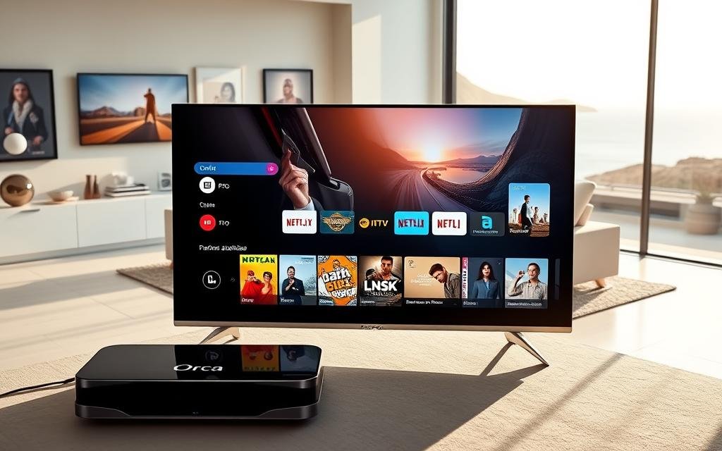 A sleek and modern orca-shaped television set is prominently displayed in the foreground, highlighting the "Orca Pro" branding with a clean, minimalist design. The TV screen showcases vibrant, high-definition images of various IPTV content, illustrating the rich offerings of Orca IPTV. In the middle ground, a stylish, contemporary living room environment enhances the scene, featuring a comfortable sofa and sophisticated decor that conveys a premium feel. The background shows a serene coastal view through a large window, with soft sunlight streaming in, creating a warm, inviting atmosphere. The lighting is bright and natural, emphasizing the clarity and advanced technology of the Orca IPTV. The overall mood is sophisticated yet relaxed, perfect for tech-savvy viewers seeking quality entertainment solutions.