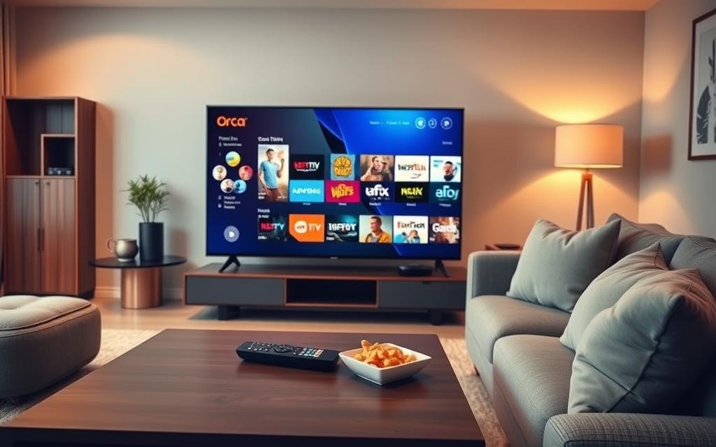 A sleek modern living room featuring a large Smart TV displaying the Orca IPTV interface, with vibrant graphics showcasing entertainment options. In the foreground, a stylish coffee table holds a remote control and snacks. The middle ground highlights the Smart TV and a comfortable sofa with plush cushions, inviting relaxation. The background is softly adorned with minimalistic decor, warm lighting from a lamp creates a cozy atmosphere. The scene captures the essence of home entertainment, emphasizing the Orca IPTV experience. The overall mood is inviting and contemporary, aimed at conveying an engaging viewing environment. The composition uses warm tones and soft focus to enhance the inviting feel, while sharp details keep the Orca IPTV interface clear and prominent. A sleek modern living room featuring a large Smart TV displaying the Orca IPTV interface, with vibrant graphics showcasing entertainment options. In the foreground, a stylish coffee table holds a remote control and snacks. The middle ground highlights the Smart TV and a comfortable sofa with plush cushions, inviting relaxation. The background is softly adorned with minimalistic decor, warm lighting from a lamp creates a cozy atmosphere. The scene captures the essence of home entertainment, emphasizing the Orca IPTV experience. The overall mood is inviting and contemporary, aimed at conveying an engaging viewing environment. The composition uses warm tones and soft focus to enhance the inviting feel, while sharp details keep the Orca IPTV interface clear and prominent.