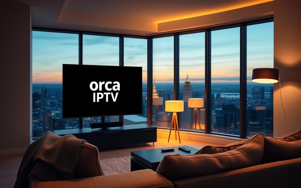 A sleek, modern living room with a large flat-screen TV displaying the Orca IPTV logo prominently. In the foreground, a comfortable sofa adorned with a stylish throw and a small coffee table with a remote control, emphasizing a cozy viewing environment. The middle layer features a subtle ambiance created by soft, warm lighting from a contemporary floor lamp, casting a welcoming glow. The background showcases a large window revealing a serene cityscape at dusk, with soft blue and orange hues in the sky, symbolizing the connectivity opportunities of Orca IPTV. The atmosphere is inviting and modern, conveying a sense of relaxation and entertainment, ideal for family viewing. No text or logos included.