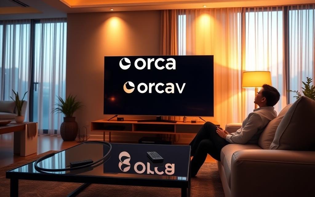 A visually captivating digital illustration representing "Orca IPTV" as a sleek, modern television interface illuminated by a warm glow. In the foreground, depict a stylish living room with a large flat-screen TV displaying the Orca IPTV logo prominently. Include subtle hints of an HDMI cable and remote control on a contemporary coffee table. In the middle ground, show a cozy sofa with a person, dressed in professional business attire, leaning back while intently engaged with the screen. The background features soft evening lighting filtering through sheer curtains, giving a relaxed yet focused atmosphere. Use a slightly elevated angle to accentuate the TV and living space, creating an inviting ambiance. The overall mood should convey a sense of ease and solution-oriented focus regarding IPTV usage.