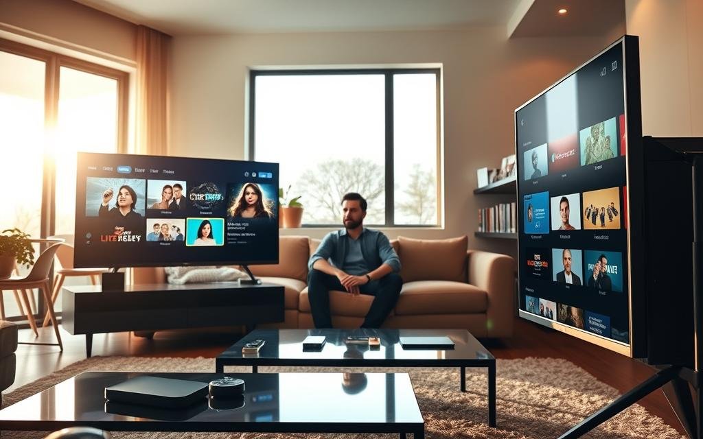 A visually engaging depiction of a modern living room showcasing an advanced IPTV setup featuring Orca IPTV. In the foreground, a sleek black television displays the Orca IPTV interface, complete with vibrant thumbnails of various channels and content categories. A cozy sofa and stylish coffee table are set in inviting colors and textures, inviting viewers to relax. In the middle ground, a user is seated on the sofa, dressed in smart casual attire, mesmerized by the streaming options. The background features a large window with sunlight streaming in, creating a warm and inviting atmosphere. The overall mood is comfortable and technologically advanced, highlighting the seamless experience of using Orca IPTV in a contemporary home environment, captured with soft lighting and a slightly angled perspective for visual depth.