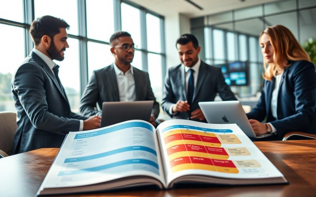 An informative and visually striking image illustrating a "Guide to Choosing the Orca IPTV Subscription in France for 2025". In the foreground, a diverse group of three professionals—two men and one woman—are engaged in a discussion. They are dressed in smart business attire, surrounded by laptops and digital devices displaying the Orca IPTV interface. In the middle ground, a large guidebook titled "Orca IPTV Subscription Guide 2025" rests on a table, open to a colorful chart comparing subscription options. The background features a modern office setting with a large window revealing a bright, sunny day outside. Soft, natural light streams in, creating a welcoming atmosphere that conveys accessibility and professionalism. The overall mood is informative and engaging, perfect for a guide-focused section. An informative and visually striking image illustrating a "Guide to Choosing the Orca IPTV Subscription in France for 2025". In the foreground, a diverse group of three professionals—two men and one woman—are engaged in a discussion. They are dressed in smart business attire, surrounded by laptops and digital devices displaying the Orca IPTV interface. In the middle ground, a large guidebook titled "Orca IPTV Subscription Guide 2025" rests on a table, open to a colorful chart comparing subscription options. The background features a modern office setting with a large window revealing a bright, sunny day outside. Soft, natural light streams in, creating a welcoming atmosphere that conveys accessibility and professionalism. The overall mood is informative and engaging, perfect for a guide-focused section.